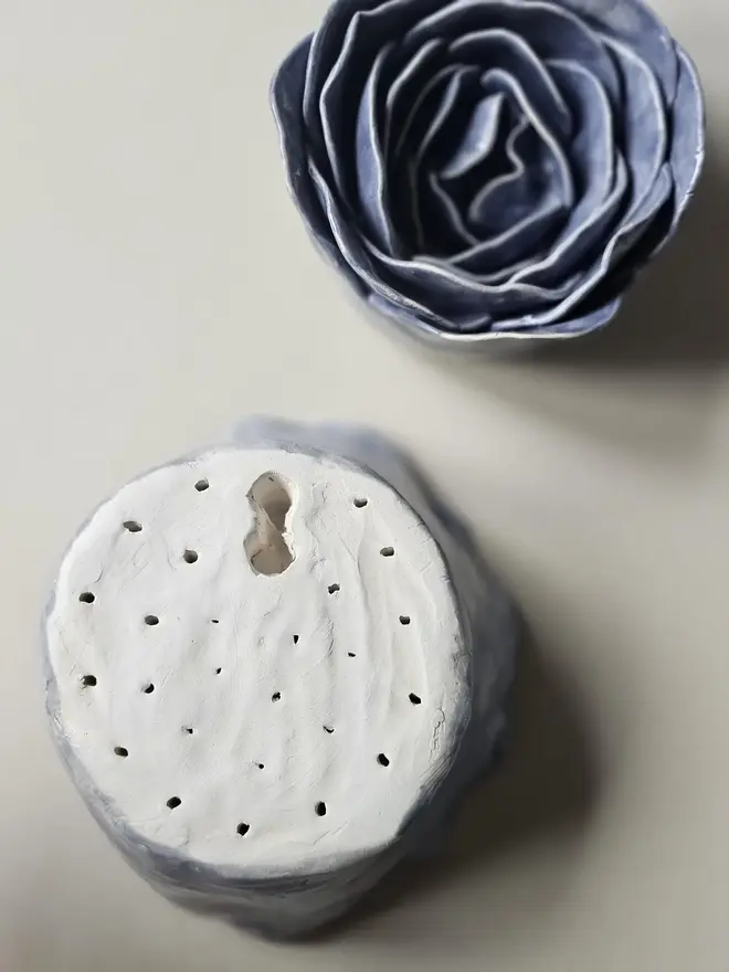 handmade blue ceramic flower wall hanging neutral decor sculpture art pottery glazed gift for her forever everlasting rose.