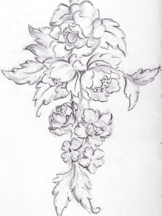 Sketch drawing of flower design with roses and ribbon