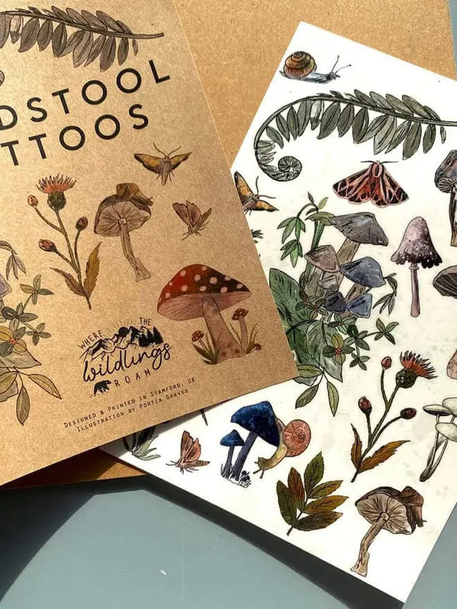 Nature Botanical Temporary Tattoos,  a brown kraft paper booklet titled "TOADSTOOL TATTOOS" featuring various colourful botanical illustrations.