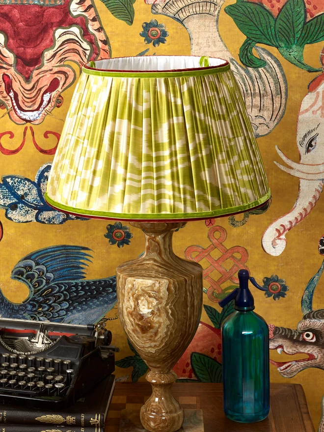 Handcrafted Yellow-Green Silk Ikat Lampshade in Colourful Setting