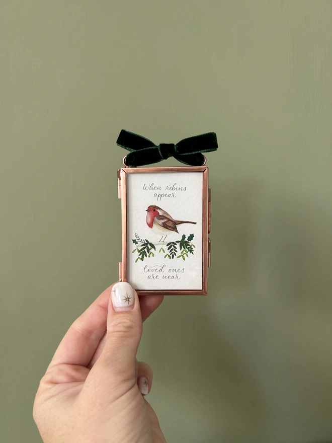 Mini Personalised Frame Memorial Christmas Tree Decoration with Robin Illustration