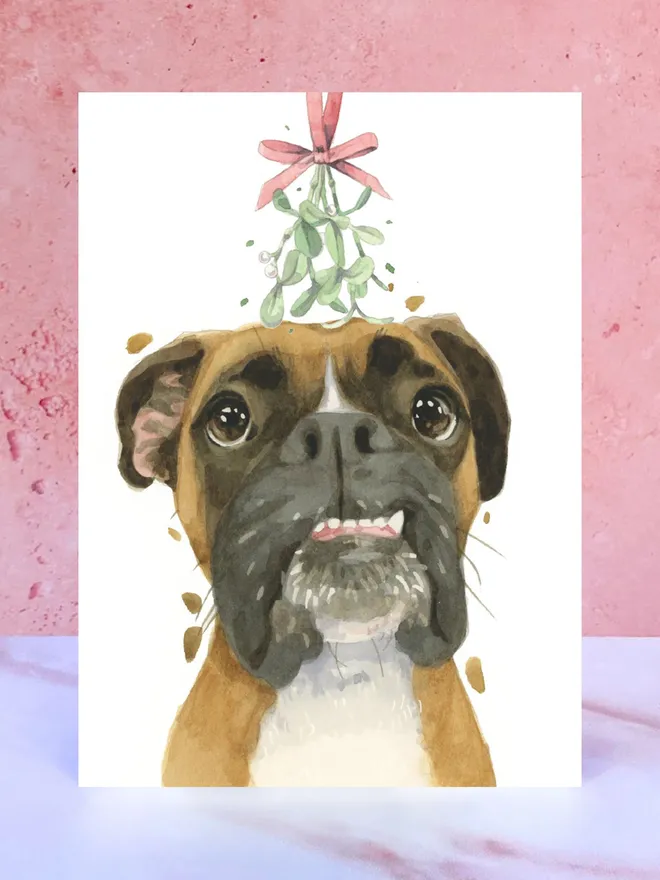 boxer dog mistletoe christmas card