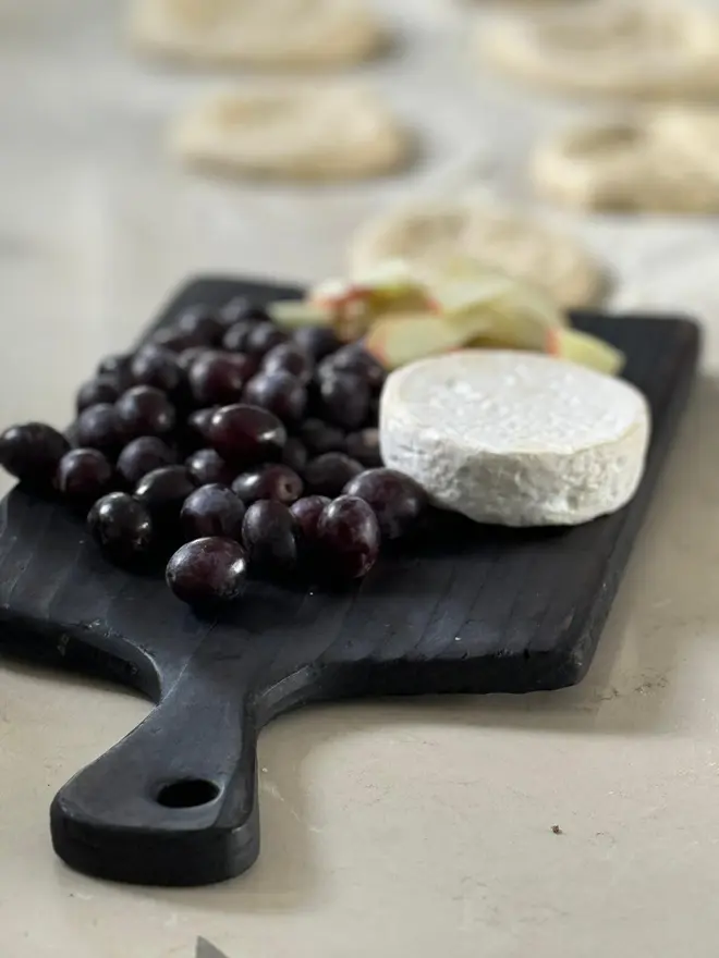 Small Yakisugi board with grapes and cheese