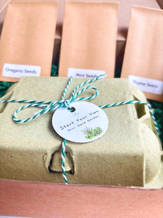 a green egg box tied with a green string and a start a mini herb garden tag with three kraft seed packets in the background. Placed on shredded green box filler in a cardboard box.