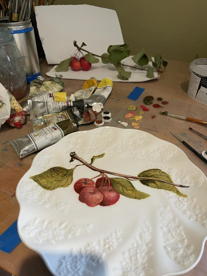 painting crab apples in the studio