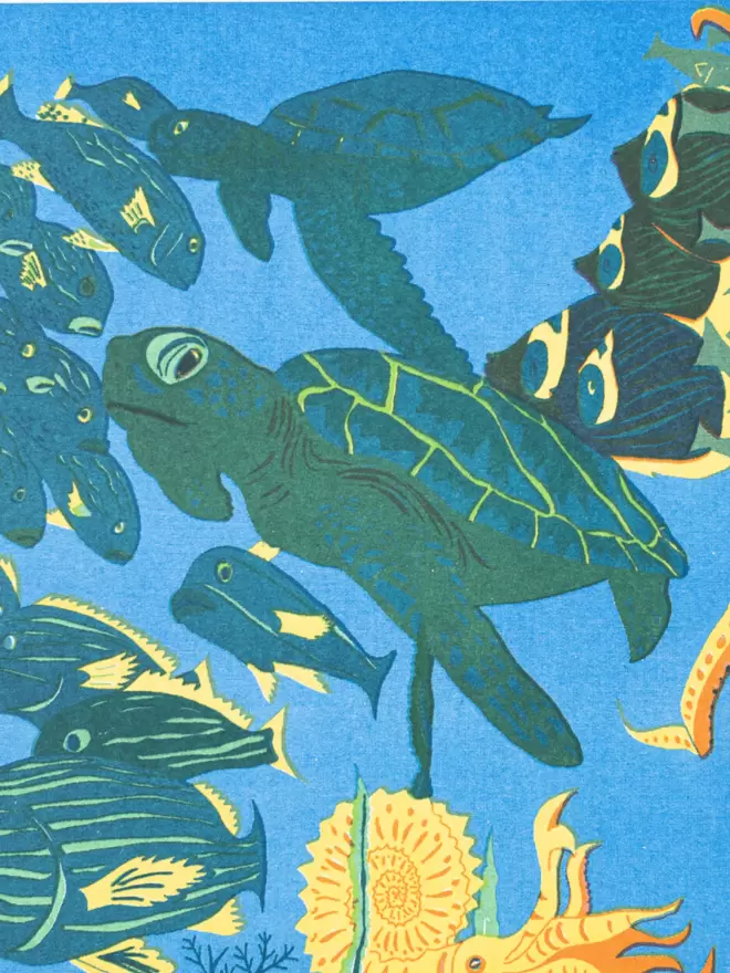 Close-up, detailed shot: blue and green under the sea turtle