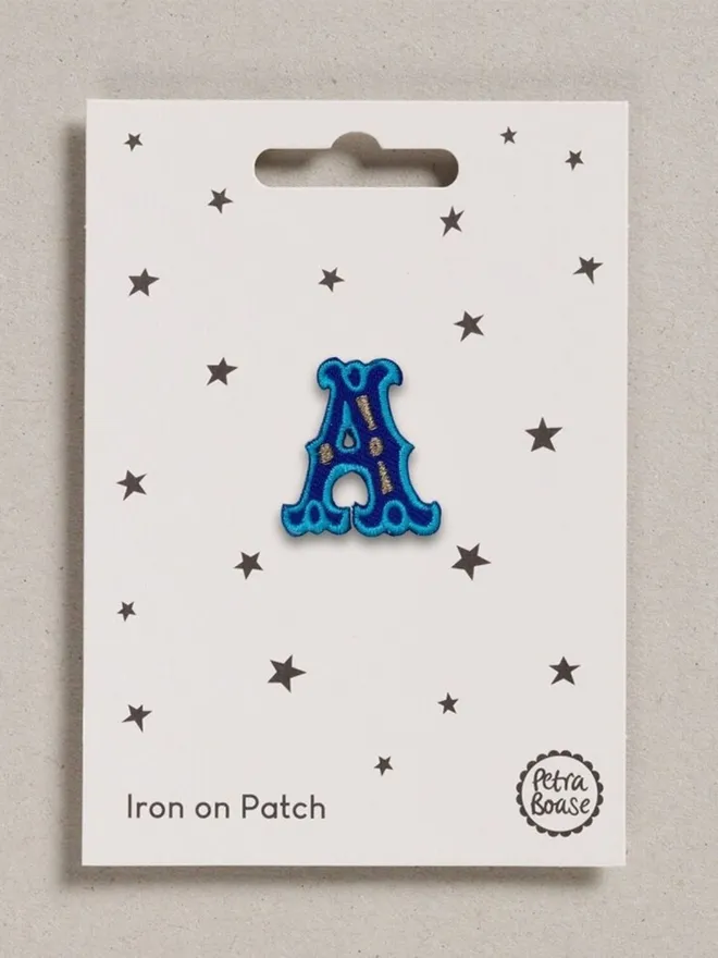 Letter A Blue iron on embroidered patch for personalising accessories and clothes.
