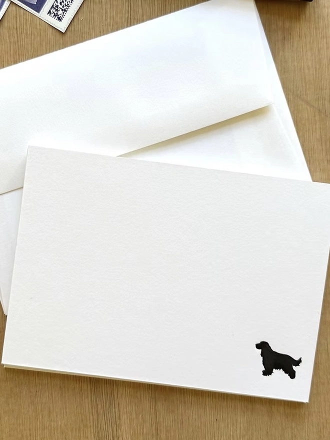 Personalised Spaniel Correspondence Cards (Set Of 10, 20), black spaniel icon in corner of white correspondence letter on top of white envelope. 