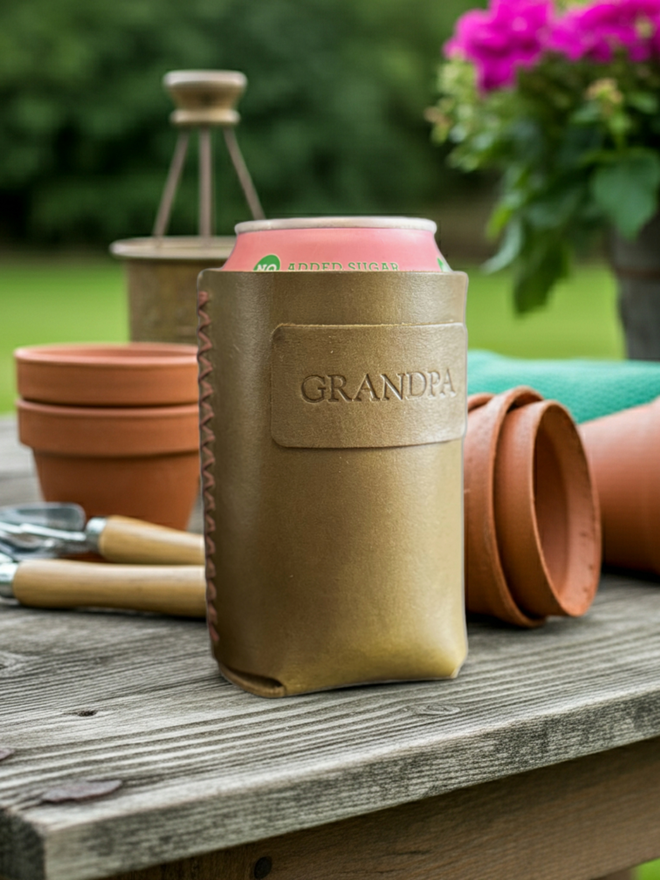 olive green leather can holder sitting on a garden table with the name GRANDPA stamped on it.