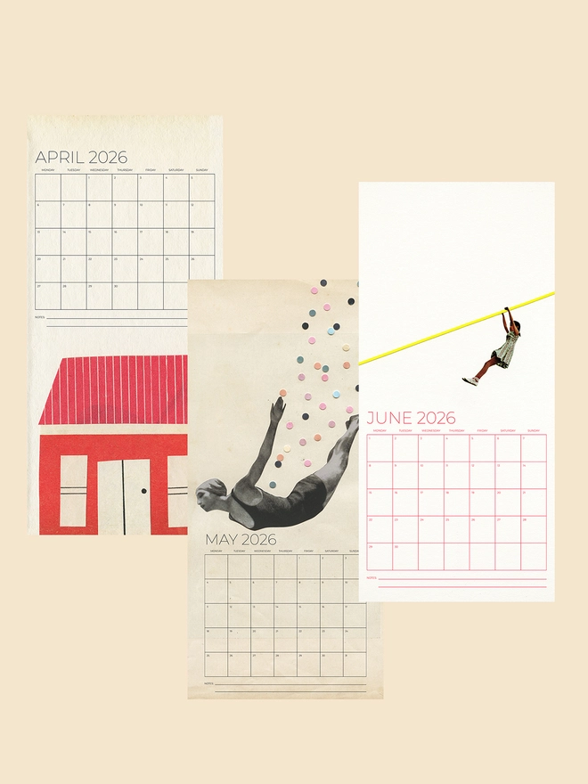 Three pages of a 2026 slim wall calendar.