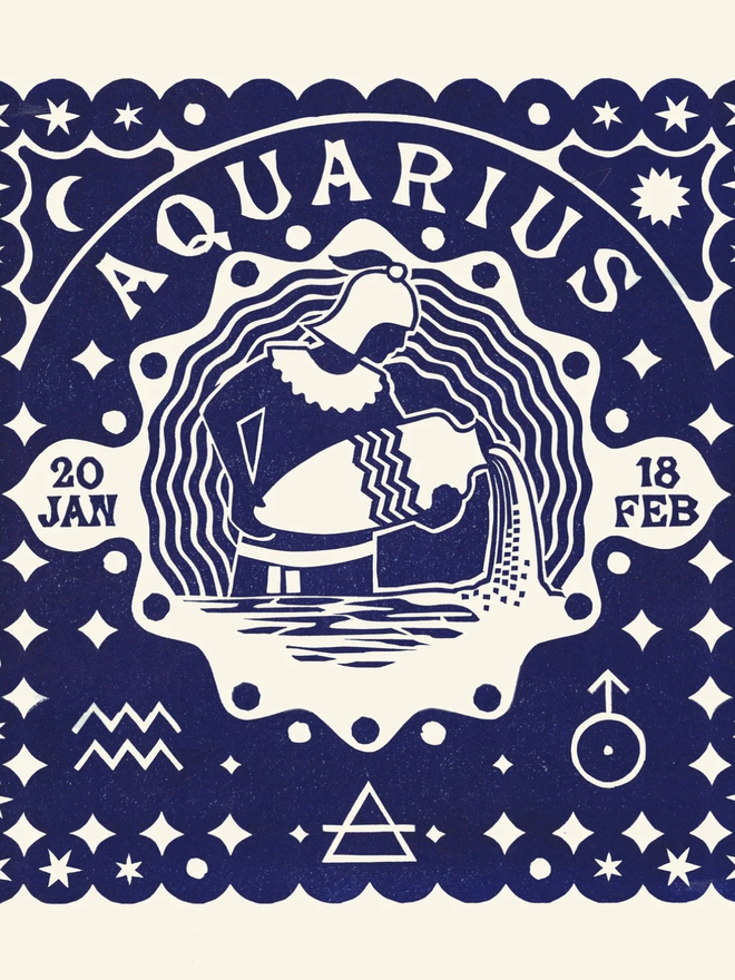 aquarius zodiac linocut. a linocut image of a man pouring water and zodiac symbols, printed on aa blue background.