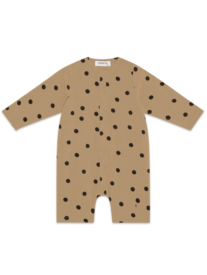 Another Fox Camel Terry Towel Spot Baby Romper seen against a white background.