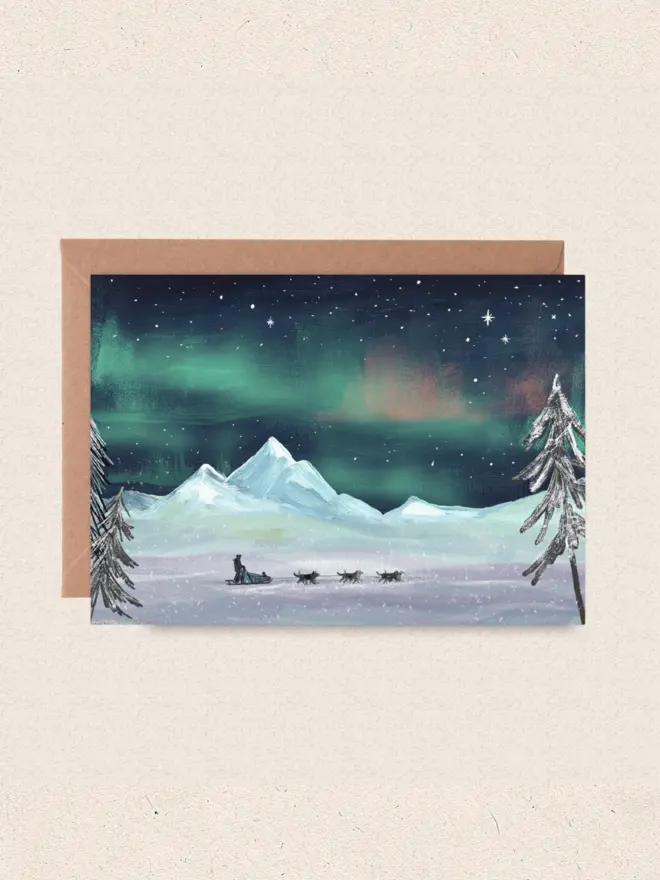 dog sledding in lapland greetings card