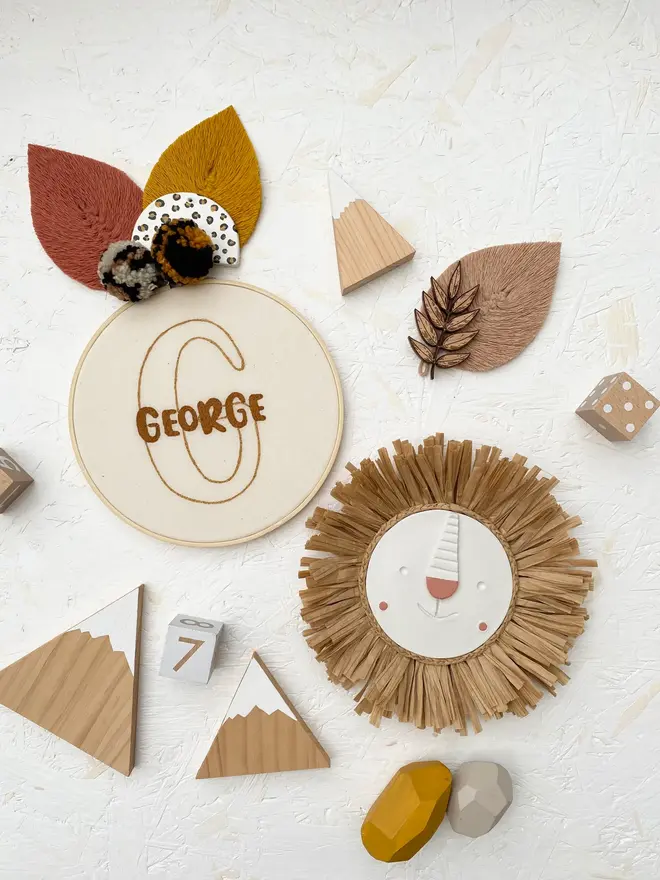 personalised name and initial embroidered hoop. cotton hoop embroidered with name george and initial letter g.