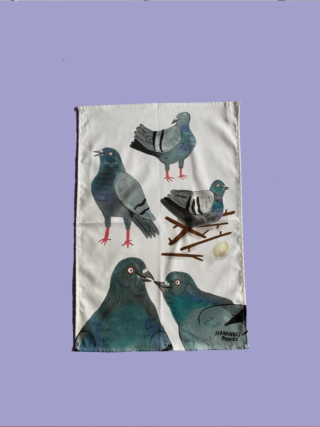 Illustrated Kitchen Tea Towel with five pigeons