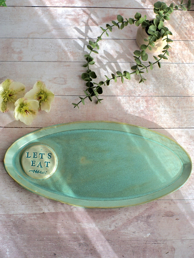 Lets Eat platter, serving platter, oval platter, ceramic serving dish, ceramic serving platter, Jenny Hopps Pottery