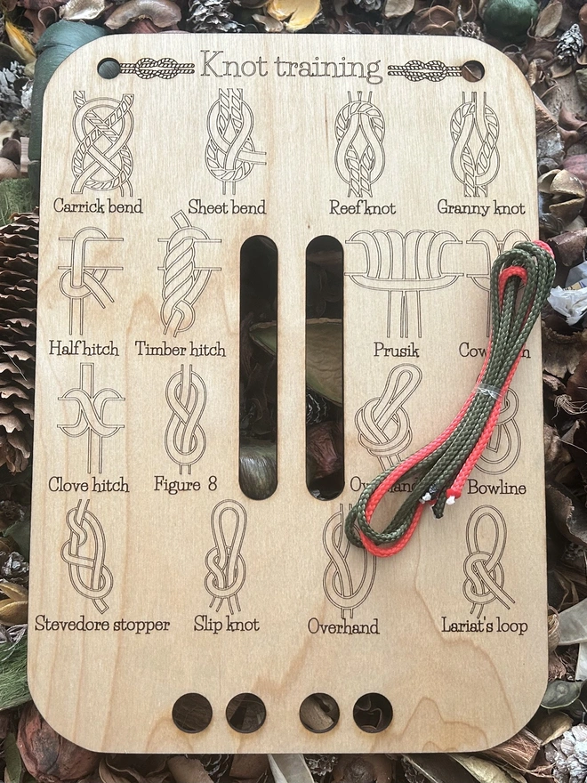 A non personalised A4 birch plywood knot‑tying training board engraved with labelled practice areas for learning essential knots. The smooth wooden surface shows clear scoring lines and knot guides, designed for forest school leaders, scouts, and outdoor learners. The board has a natural, eco‑friendly finish and a sturdy, practical feel for hands‑on knot practice.