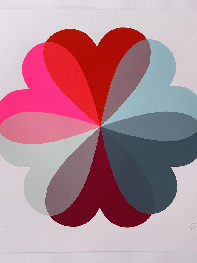Hannah Carvell, Hearts and Flowers in reds, Burgundy and Blue, Love Hearts, Screen Printed by Hand, Limited Edition Print