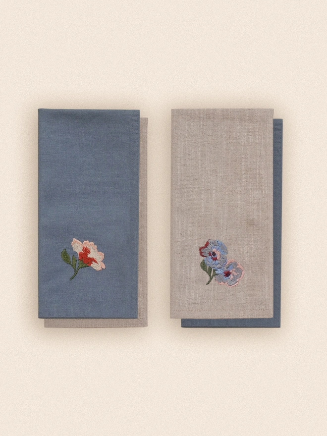 Blue and Natural Linen Napkin set of 4 with Rose embroidery design
