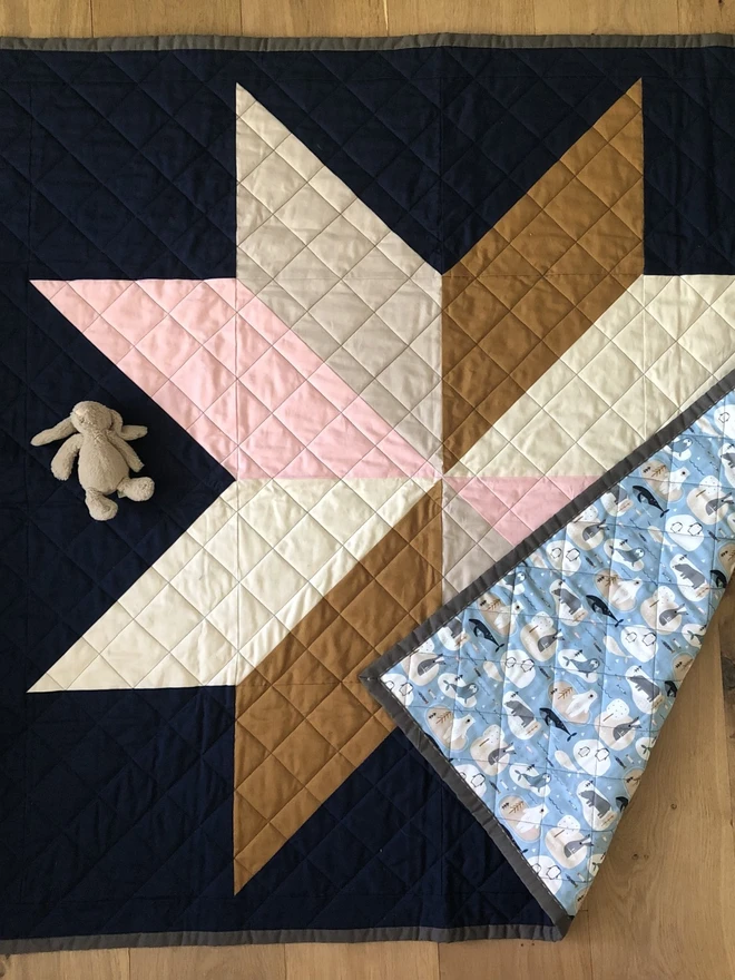 Winter Star Cotton Baby Quilt. A star patterned quilt in cream, beige, brown and pink. Useful play mat for babies.