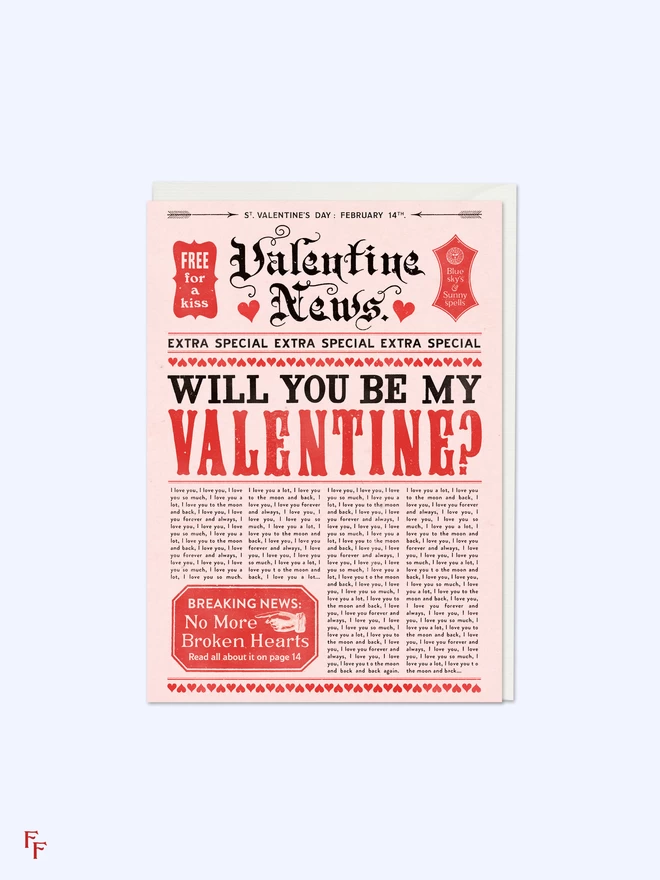 'Valentine Newspaper' Illustrated Charity Greeting Card  by Flora Fricker