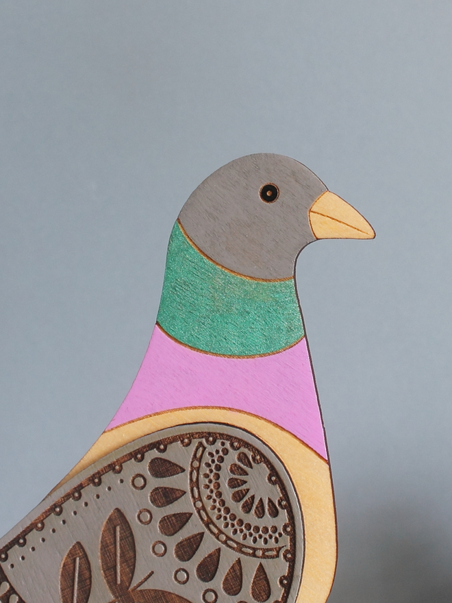 standing wooden pigeon hand painted head detail