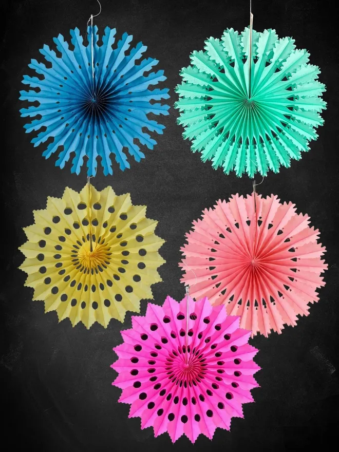Set of Five Colourful hanging paper decorations