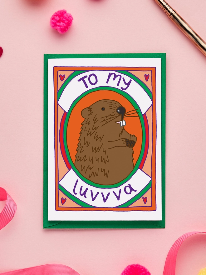 Quirky Anniversary Love Card Featuring an Illustration of a Beaver