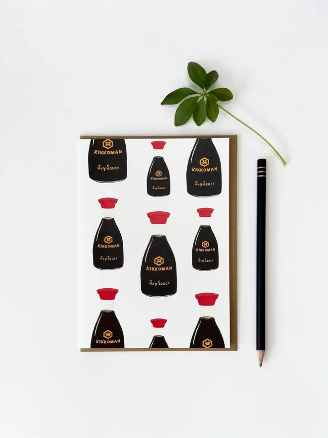 soy sauce bottles illustrated card. card photographed on plain white background.
