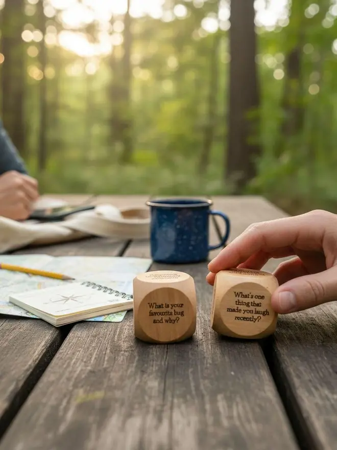 A group using the conversation dice on a bench within the woodland