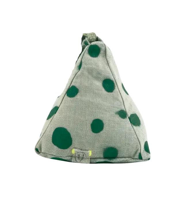 Hand Painted Linen Sustainable Doorstop In Polka Dot Print, a colourful moss green doorstop against a white background. 