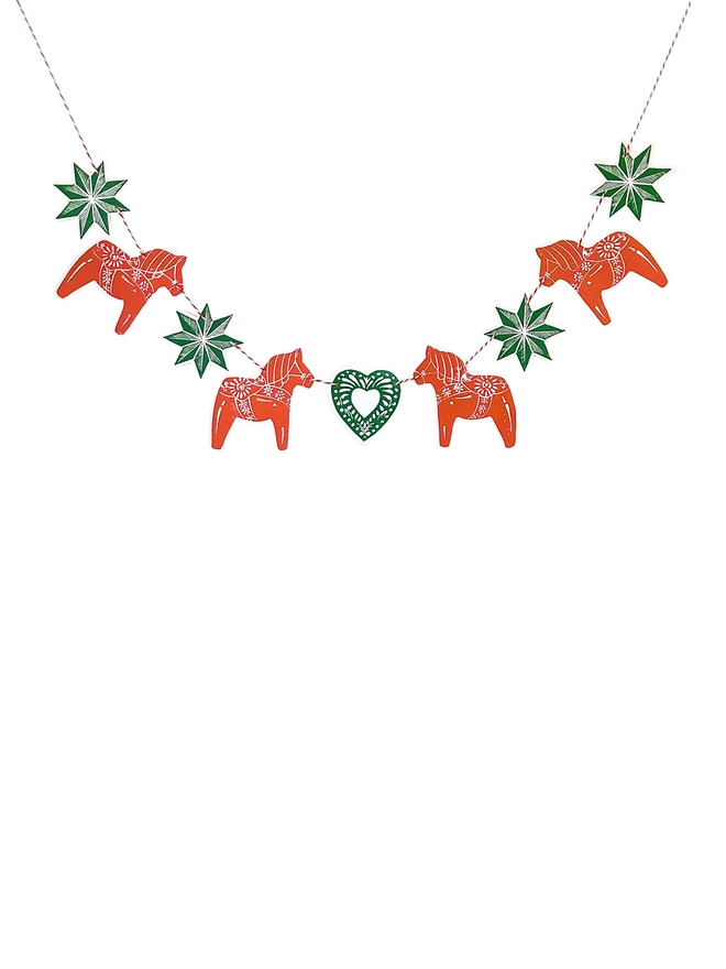 Dala Horse Traditional Nordic Christmas Linocut Garland