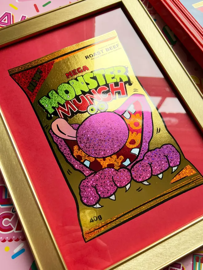 Monster Munch Roast Beef Print, a colourful monster munch print sitting on a decorated backdrop. 