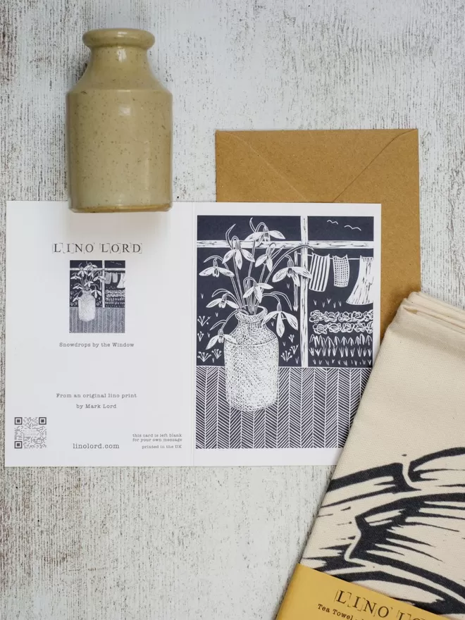 Greeting Card with an image of Snowdrops By The Window, taken from an original lino print