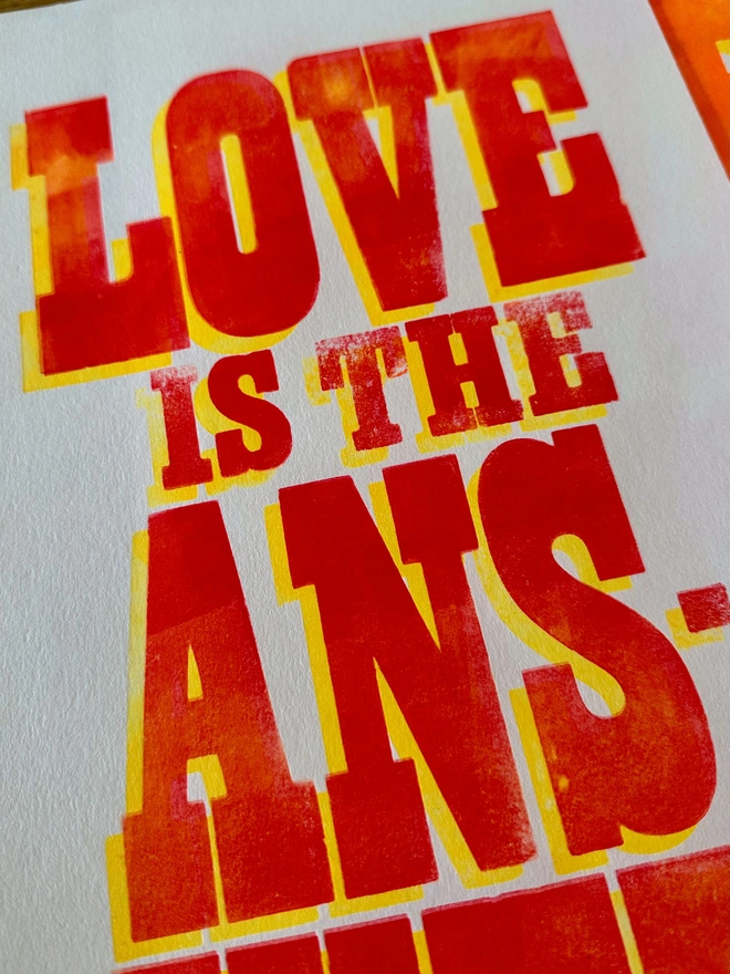Love is the Answer letterpress print close up detail red