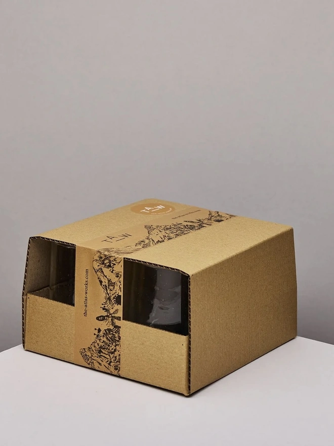 Tumbler Glasses (Set Of 1 Or 4), a group of tumbler glasses sitting on a plain counter top packaged together against a white backdrop. 