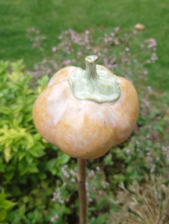 Stoneware pumpkin garden cane topper
