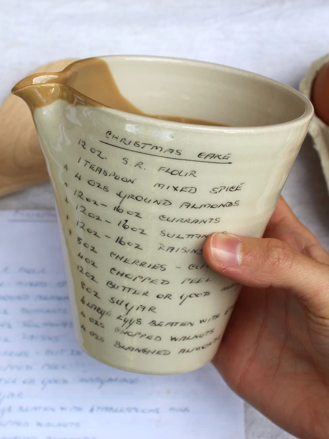 ceramic jug with handwritten recipe