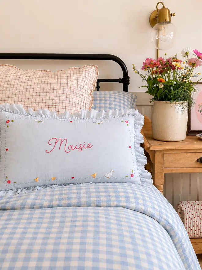 hand embroidered ruffle trim cushion - floral ducks and daisies on blue gingham bed vintage girls bedroom 