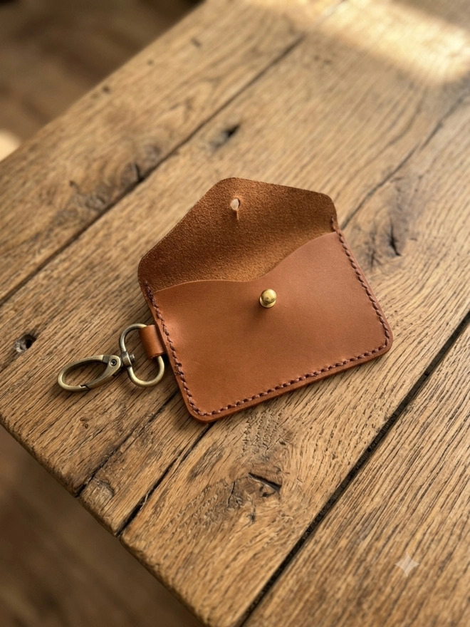 handmade tan leather card holder with clip