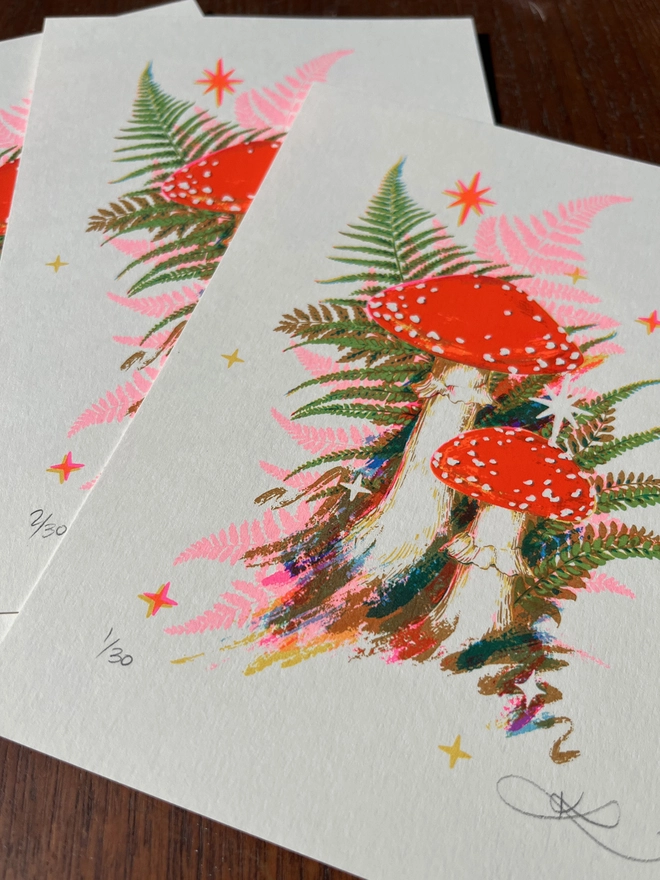 Limited Edition Mushroom screenprint by Kath Leone with pink fern