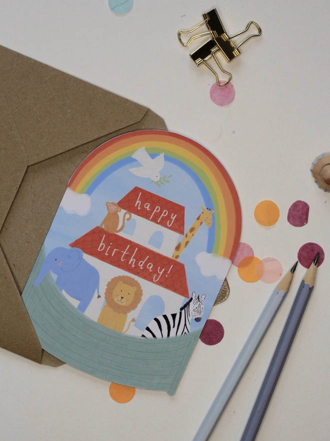 happy birthday colourful Noah's ark rocking card