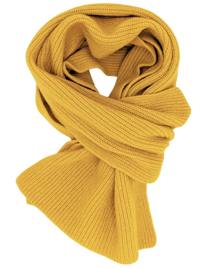 Lambswool Ribbed Scarf, a colourful ribbed scarf siting on a plain white surface. 