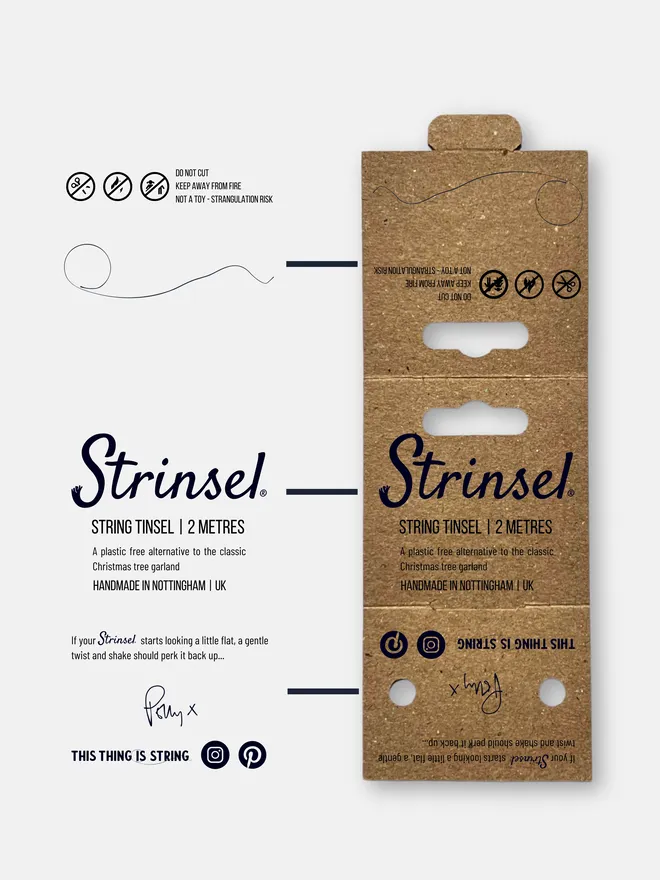 Open Strinsel label on kraft card with text and icons highlighted
