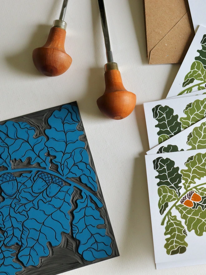 British printmaker linocut oak leaves cards