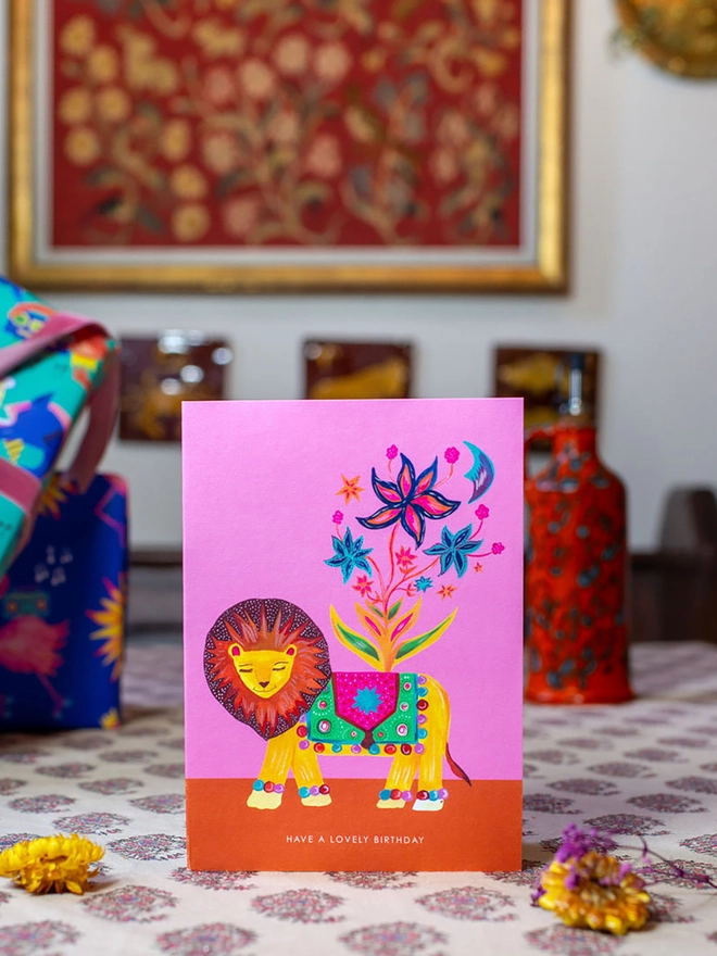 lion flowers birthday card 