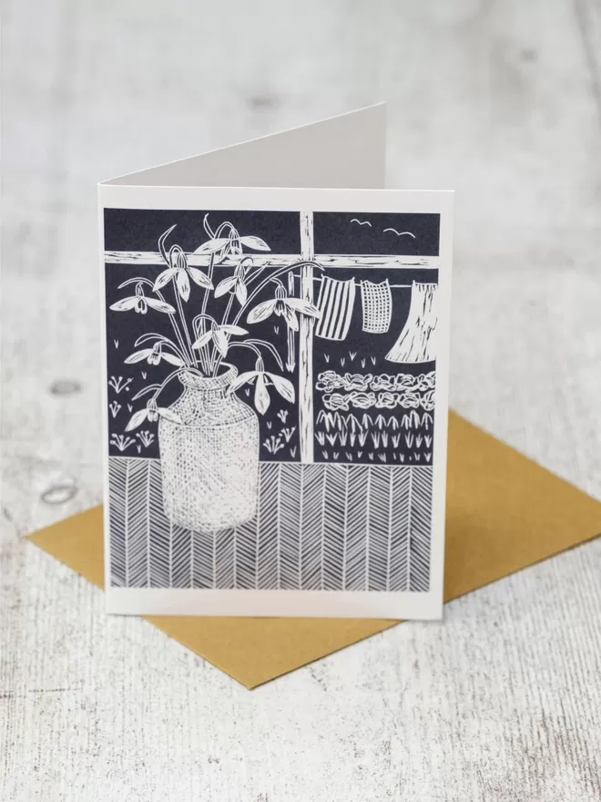 Greeting Card with an image of Snowdrops By The Window, taken from an original lino print