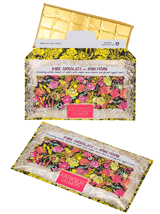 Charity dark chocolate with honeycomb packed in foiled card with orange, yellow & pink bee drawings 