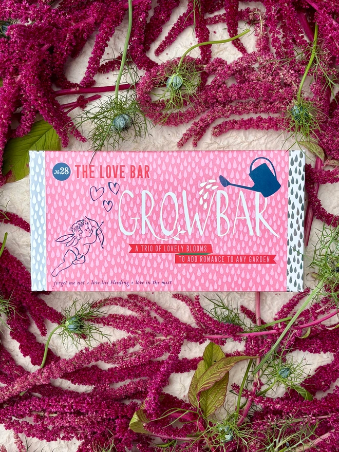 The Love Growbar surrounded by lovely red Amaranthus flowers. 