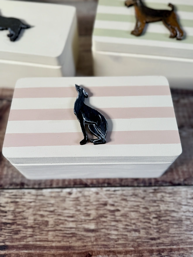 Seated greyhound hand- painted striped memory box dog 